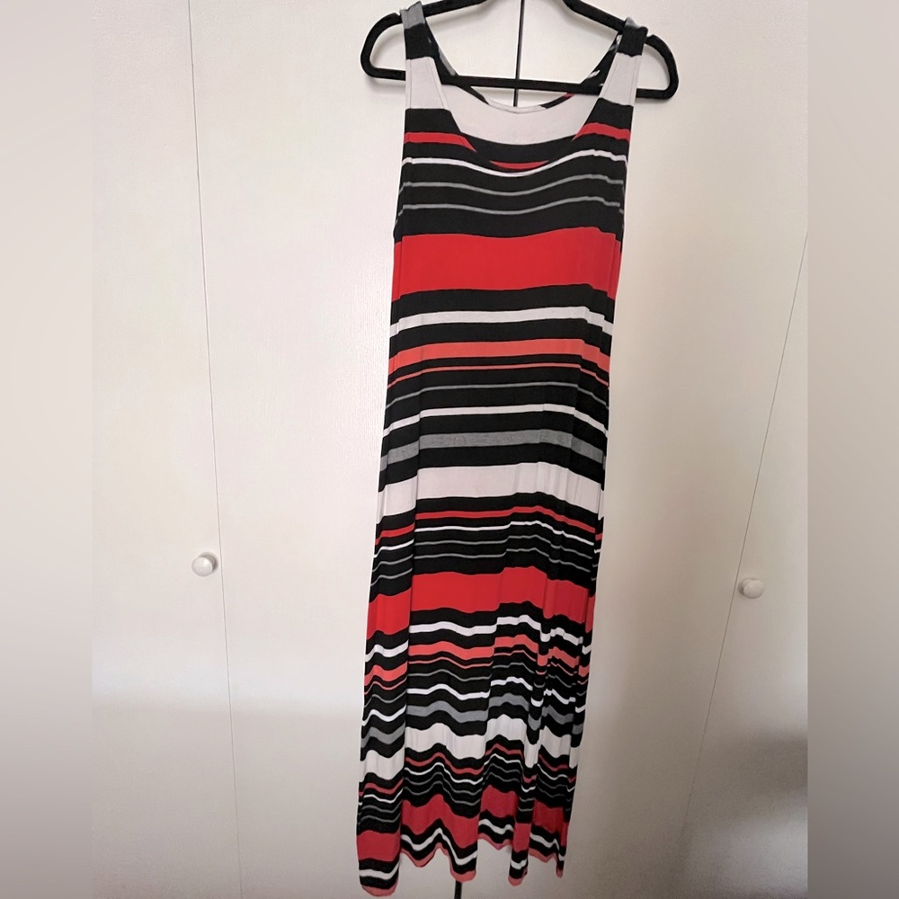 Chic Striped Maxi Dress in Red, Black, and White